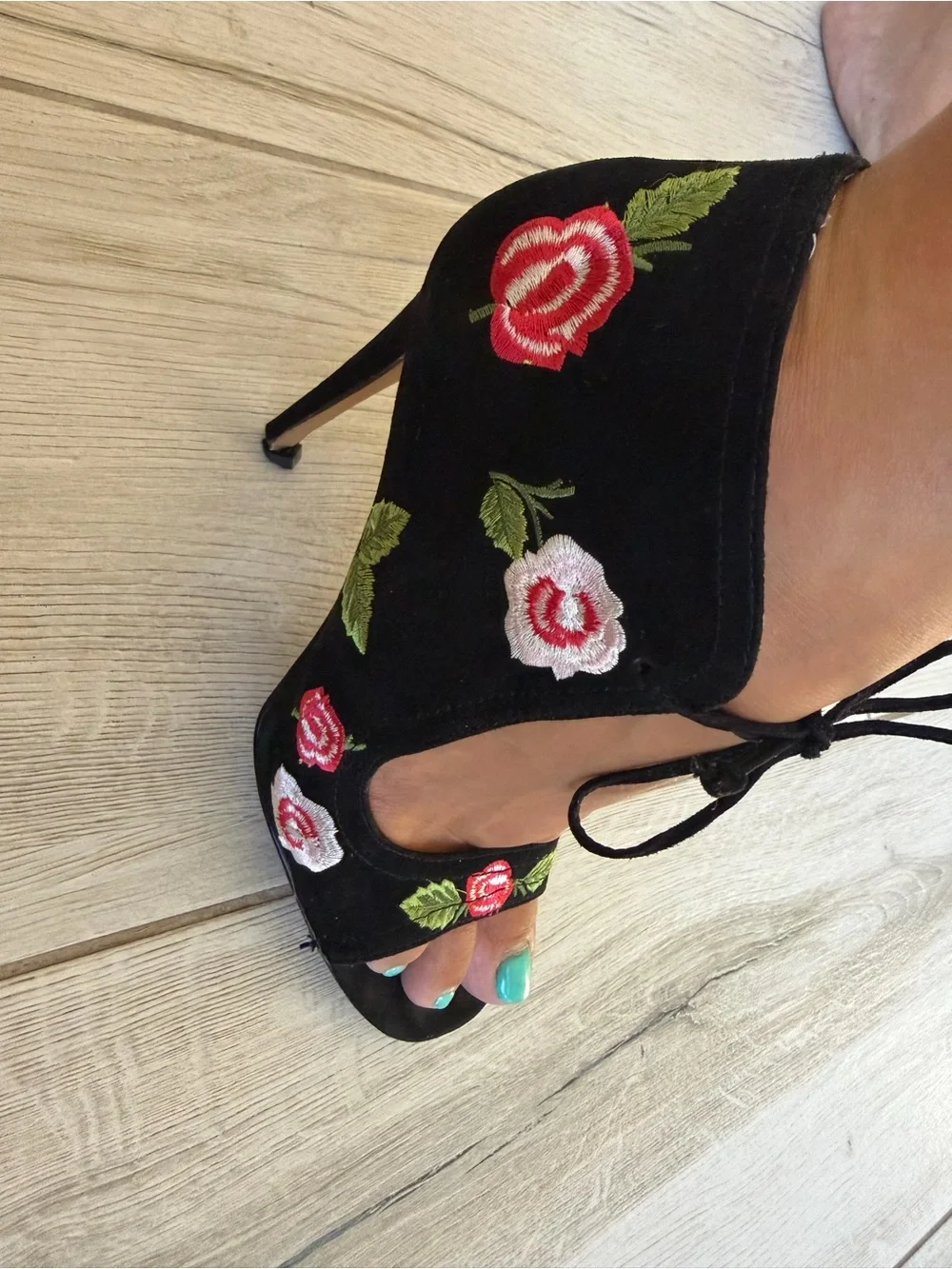 Black Rose Embroidered Peep-Toe Heel with Ankle Tie